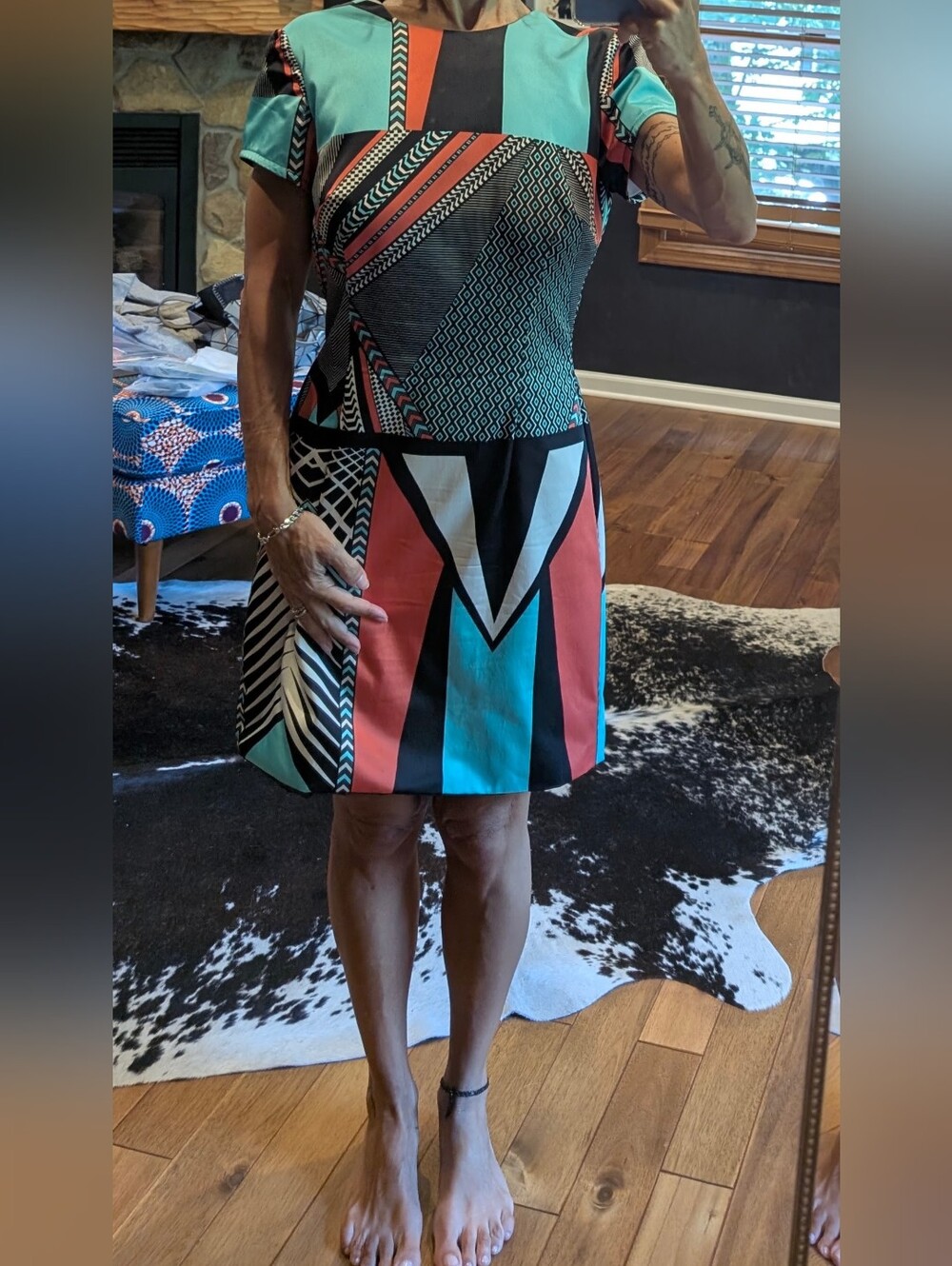 Backless Geometric Print Dress in Coral, Teal & Black